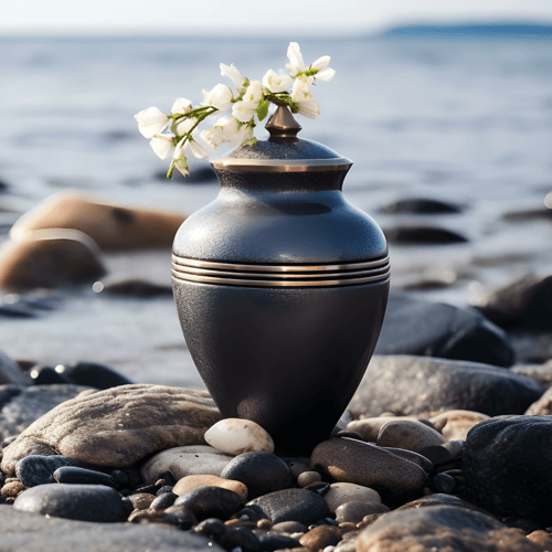 Urn with flowers on a rocky beach