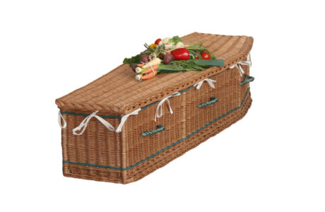 A wicker coffin on a white background