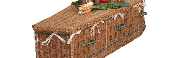 A wicker coffin on a white background